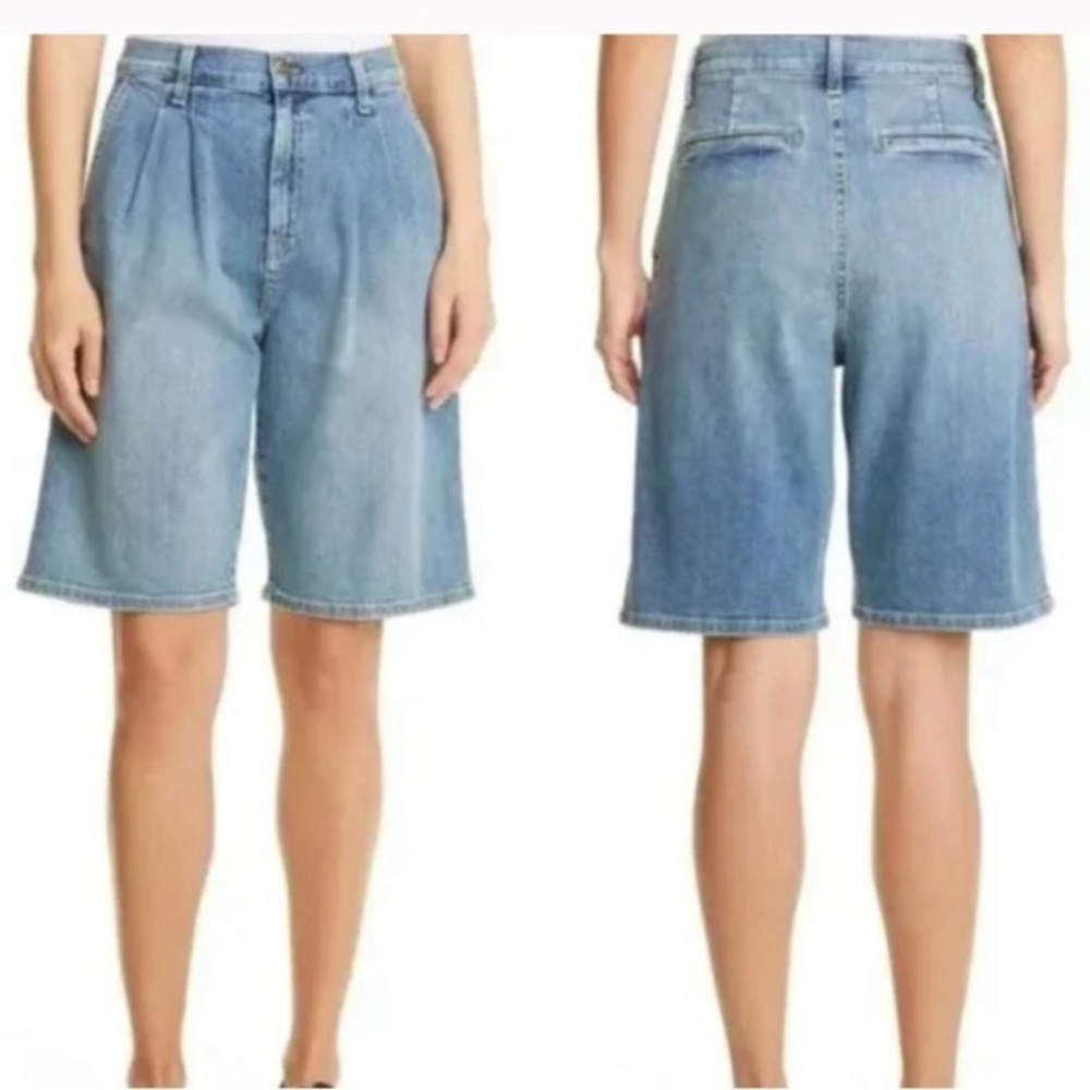 NWT Nili Lotan Julie Bermuda Denim Shorts High Rise Pleated Knee Length Size 28 - Picture 3 of 9